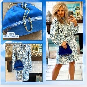 💙LIDO Handbag,Vibrant Blue Suede Leather, Made in USA,Blue/Gold Woven Chain,EUC